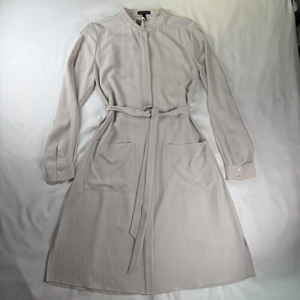 NWT!$328 Eileen Fisher Tencel Viscose Crepe Mandarin Collar Belted Dress XS Read